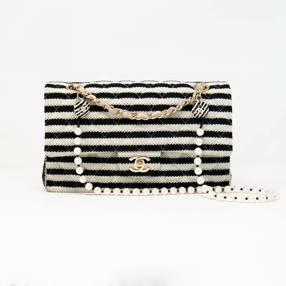 Chanel Quilted Striped Fabric Classic Medium Double Flap Bag